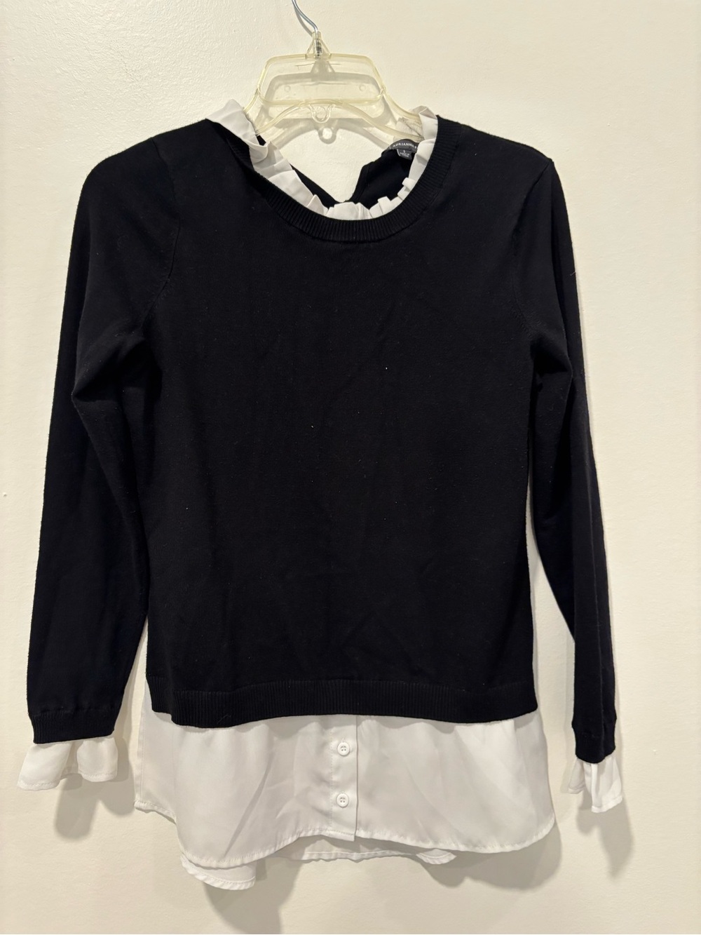 Black Layered Crewneck Sweater Top with White Shirt Hem